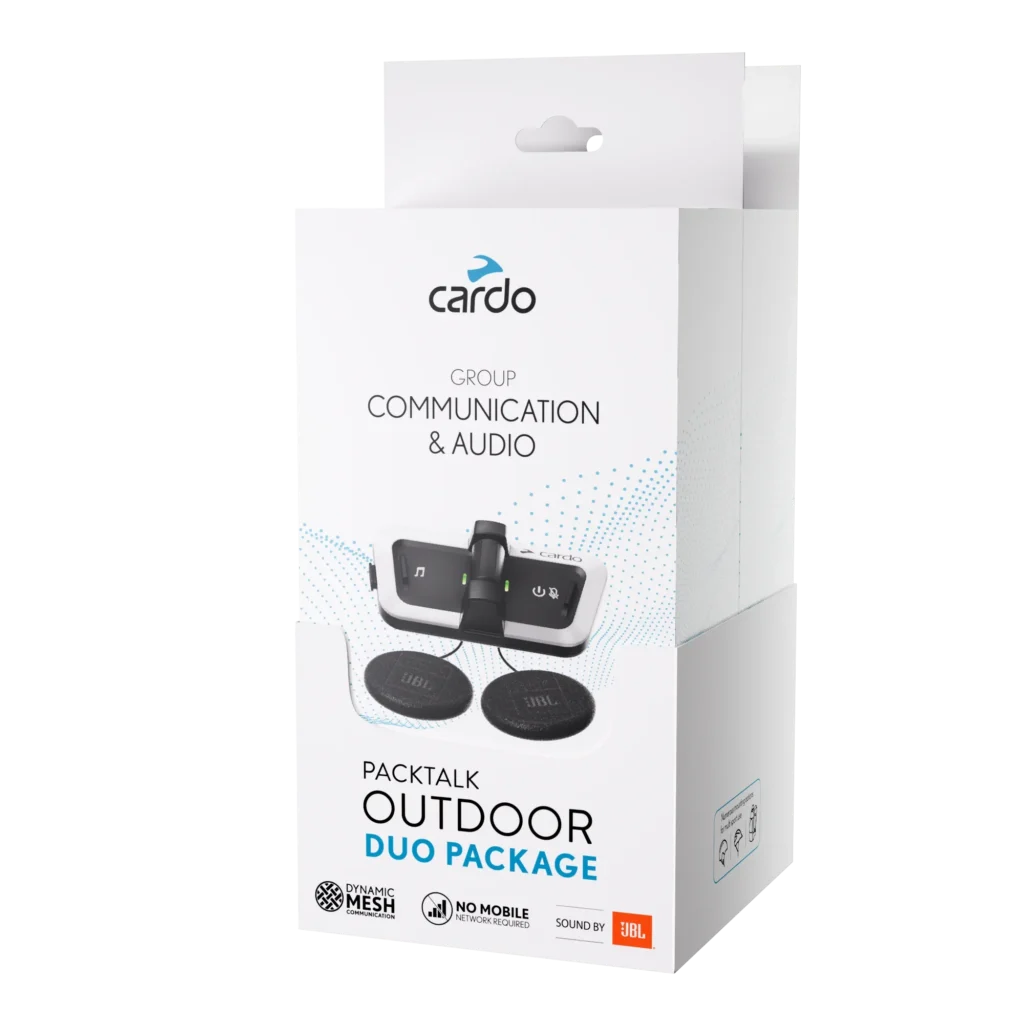 Cardo Packtalk Outdoor Duo Alb – Set intercom Mesh pentru 2 persoane, sunet JBL